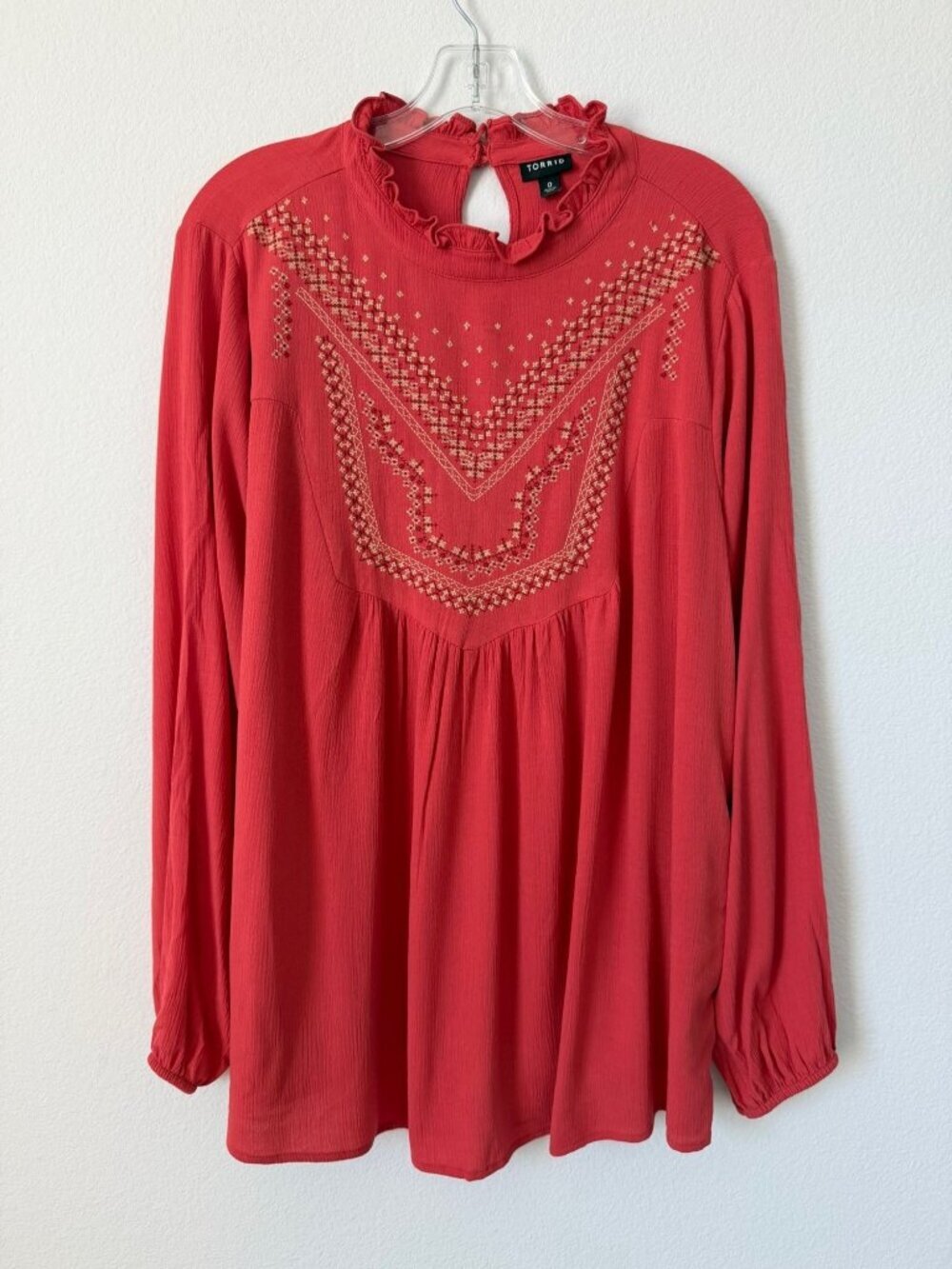 Torrid Long Sleeve Ruffled Round Neck Embroidered Coral Orange Blouse Size 0 (L)